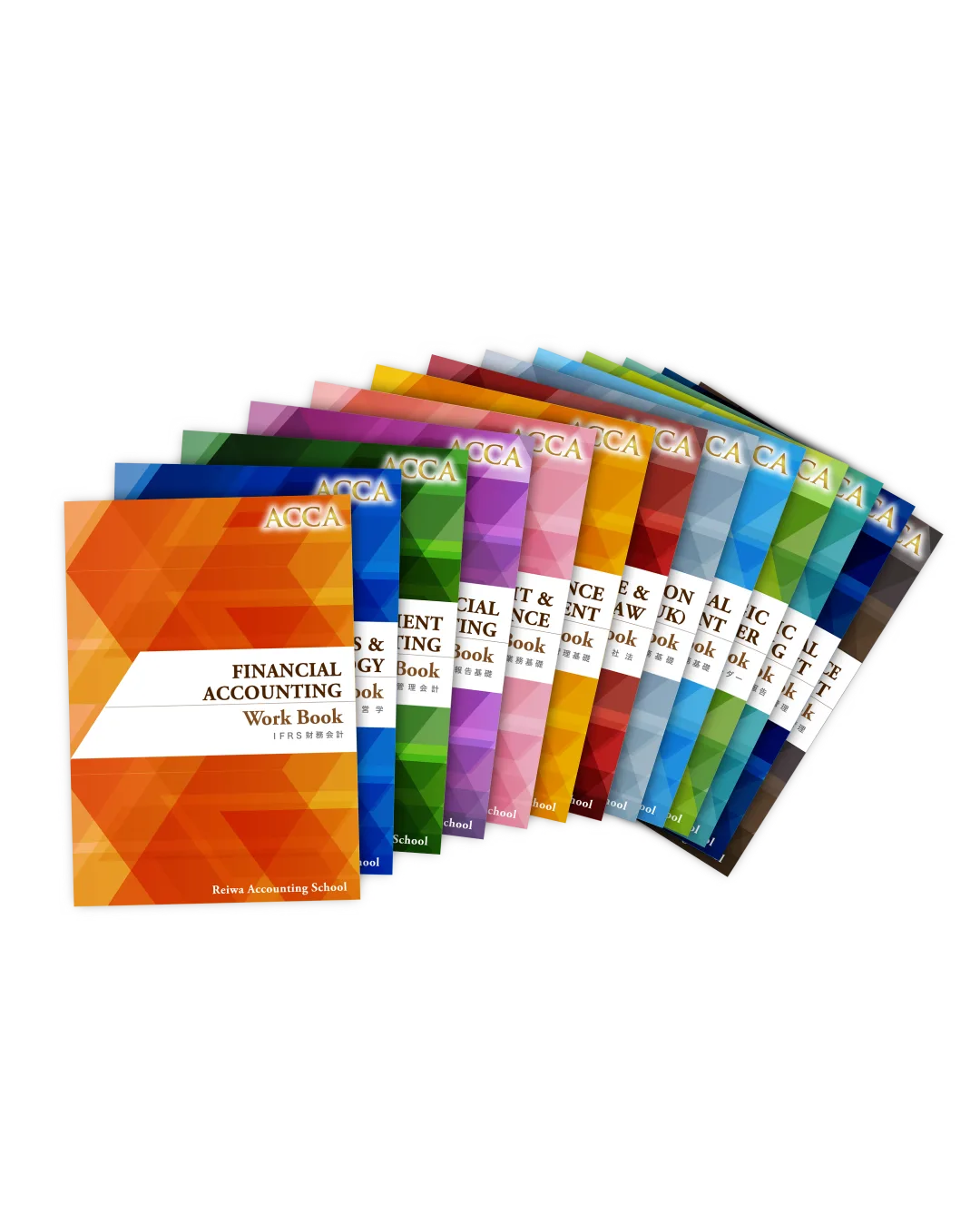 全13科目の日本語オリジナル問題集「Work Book」が扇状に並ぶ。科目ごとに異なる色の表紙に金のACCAロゴ